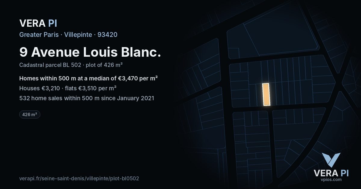 9 Avenue Louis Blanc, Villepinte at night – the plot lit, the parcels around coloured by the prices near them