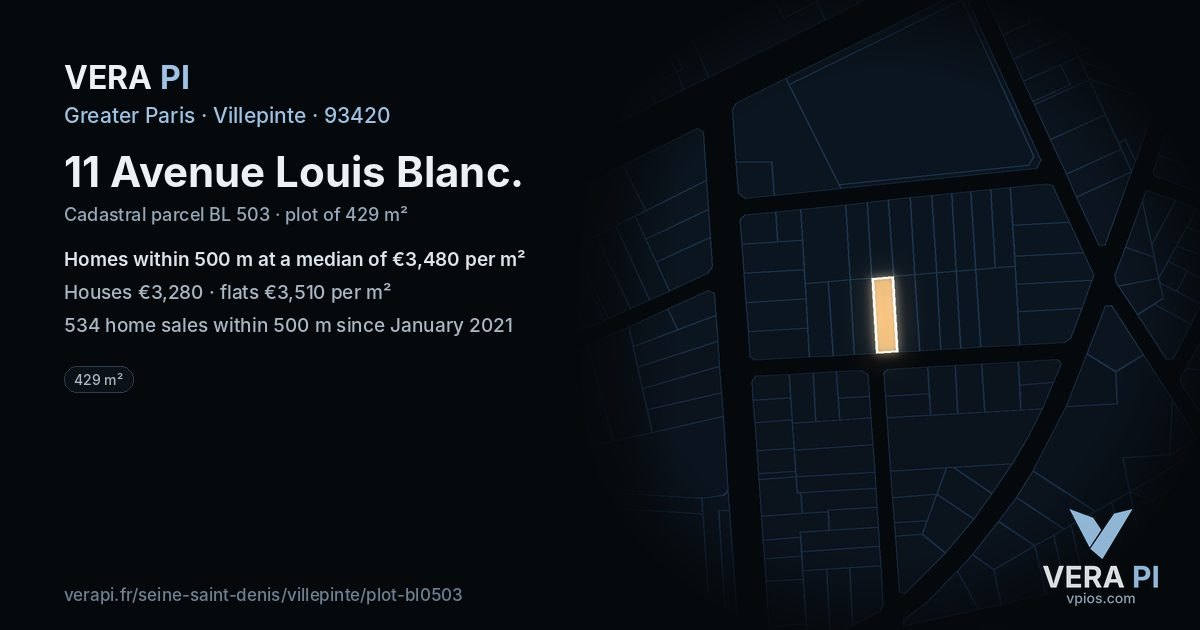 11 Avenue Louis Blanc, Villepinte at night – the plot lit, the parcels around coloured by the prices near them