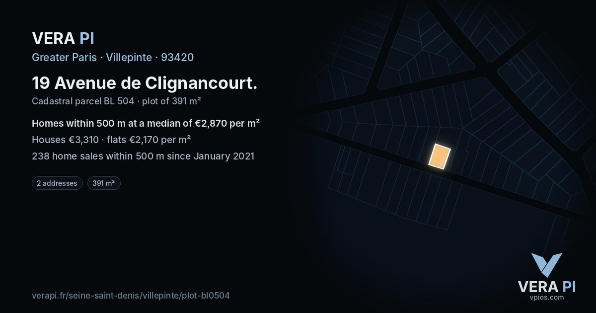 19 Avenue de Clignancourt, Villepinte at night – the plot lit, the parcels around coloured by the prices near them