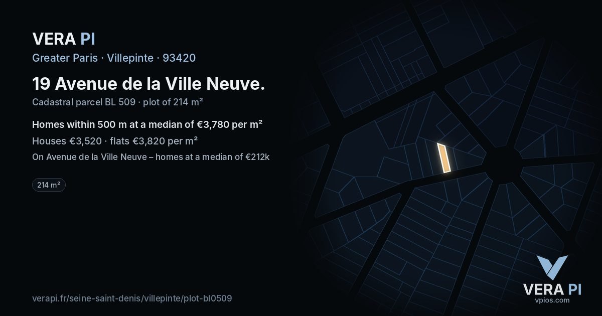 19 Avenue de la Ville Neuve, Villepinte at night – the plot lit, the parcels around coloured by the prices near them