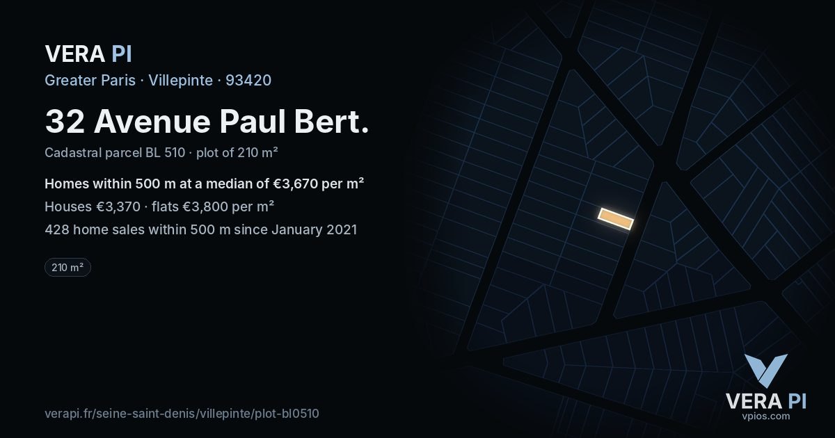 32 Avenue Paul Bert, Villepinte at night – the plot lit, the parcels around coloured by the prices near them