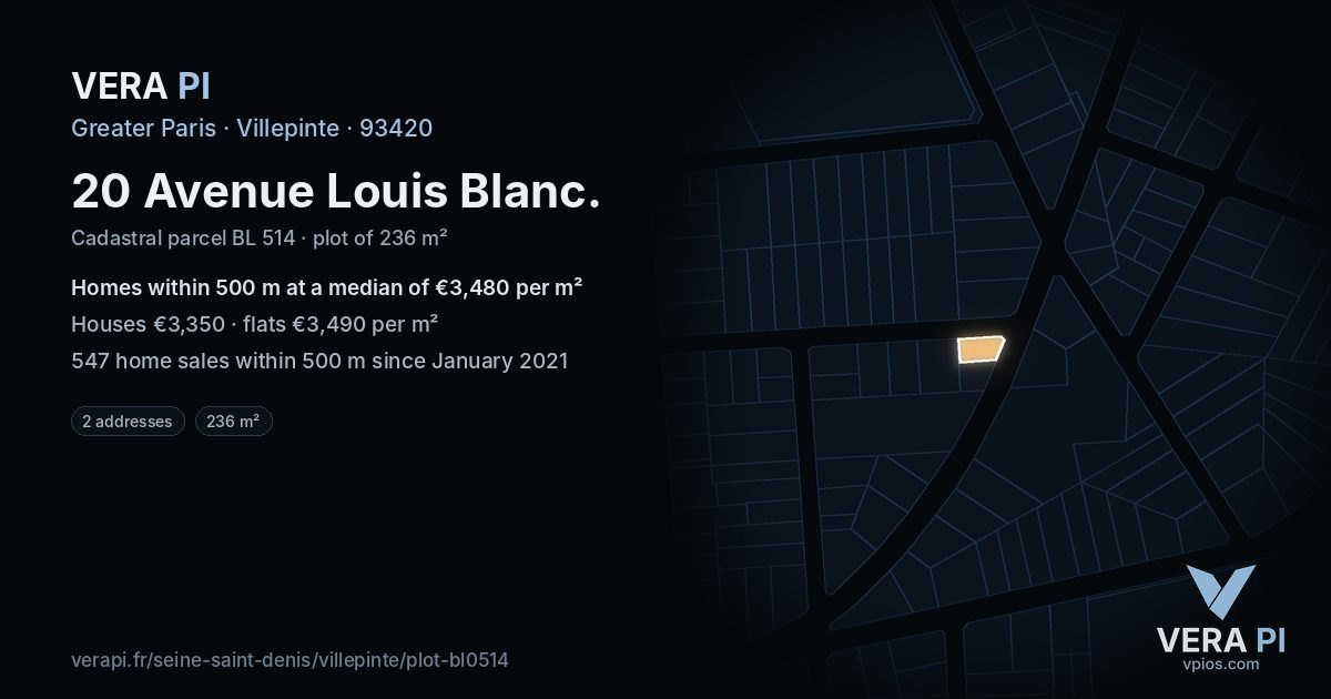 20 Avenue Louis Blanc, Villepinte at night – the plot lit, the parcels around coloured by the prices near them