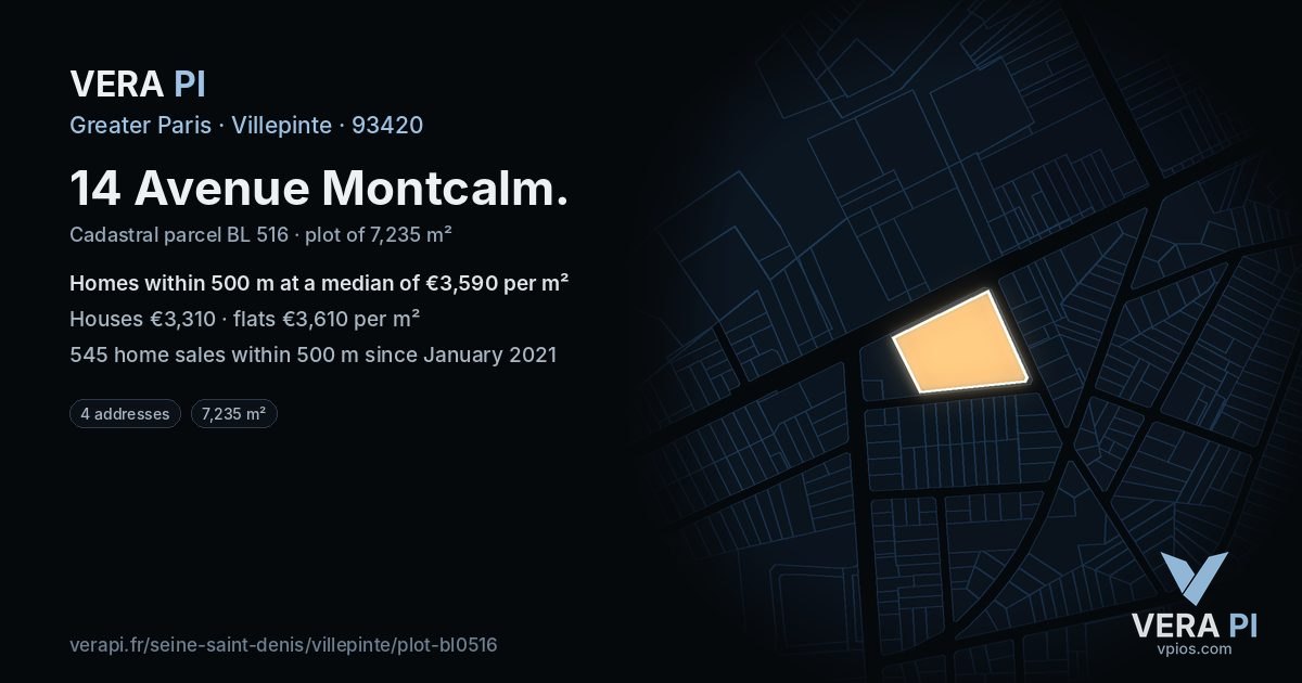 14 Avenue Montcalm, Villepinte at night – the plot lit, the parcels around coloured by the prices near them