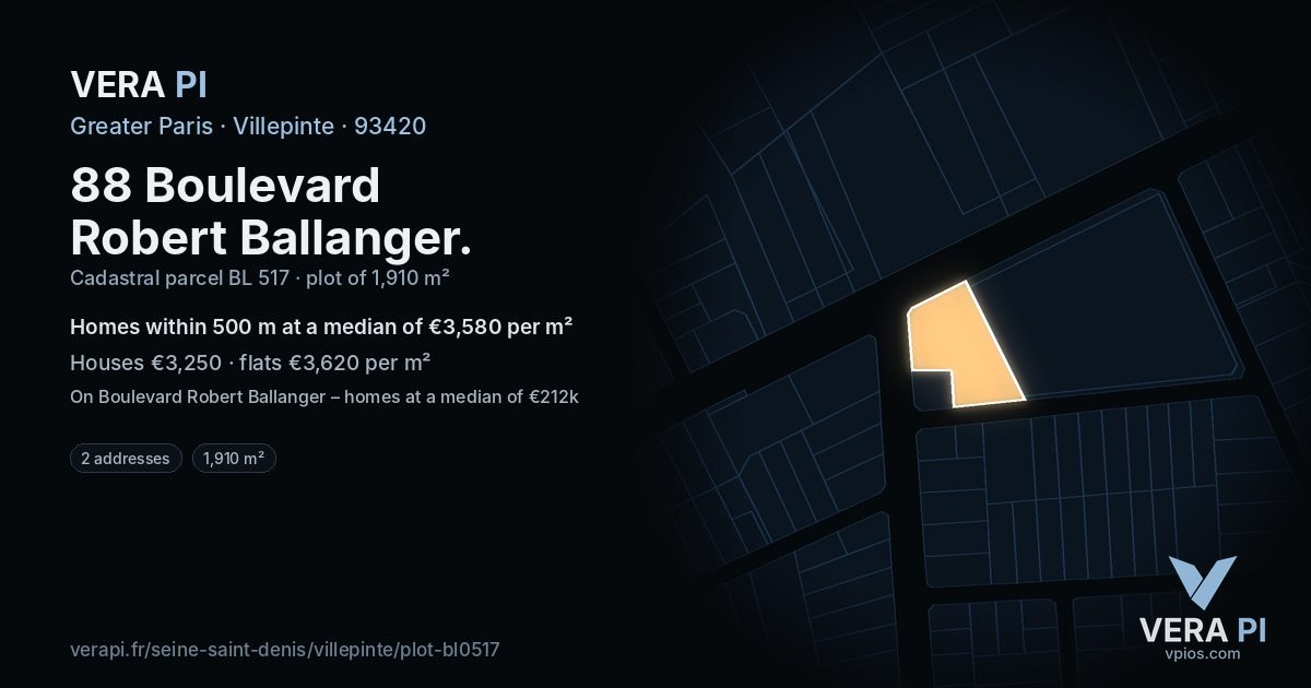 88 Boulevard Robert Ballanger, Villepinte at night – the plot lit, the parcels around coloured by the prices near them