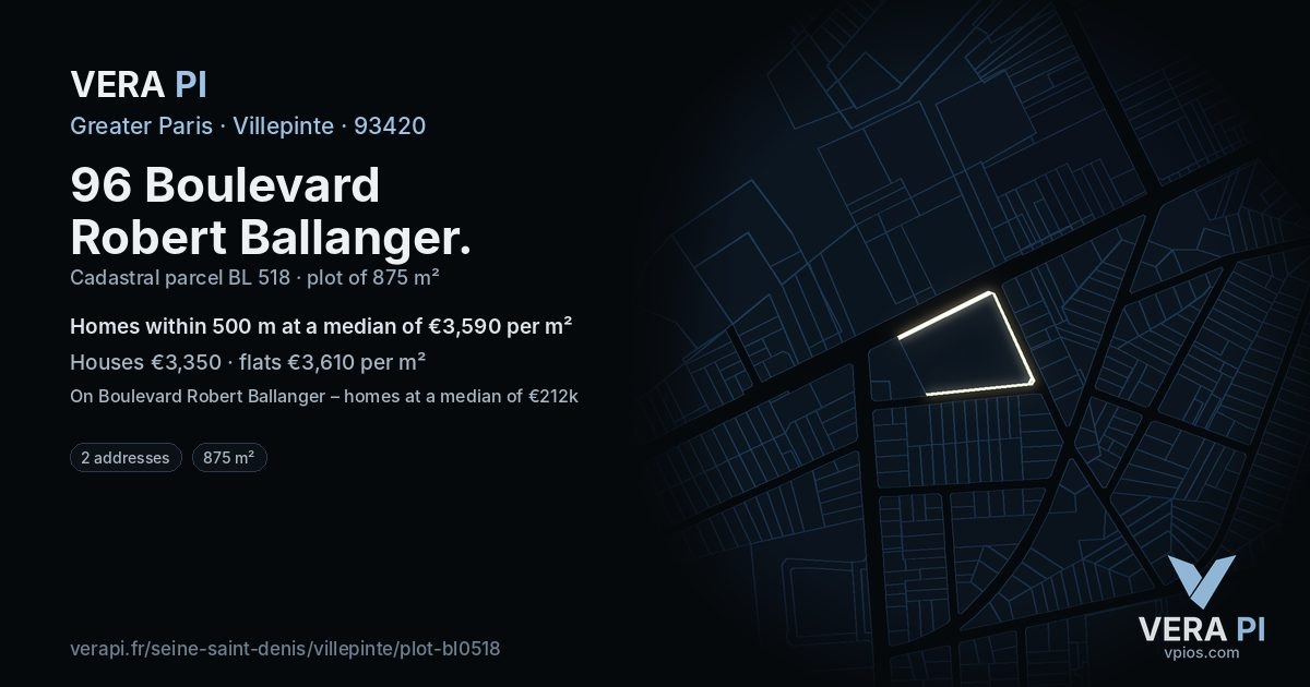 96 Boulevard Robert Ballanger, Villepinte at night – the plot lit, the parcels around coloured by the prices near them