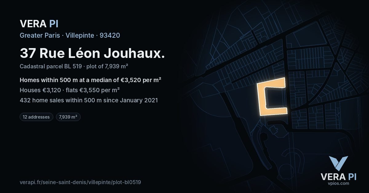 37 Rue Léon Jouhaux, Villepinte at night – the plot lit, the parcels around coloured by the prices near them