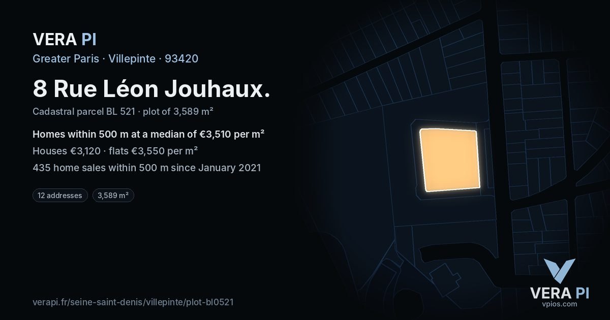 8 Rue Léon Jouhaux, Villepinte at night – the plot lit, the parcels around coloured by the prices near them