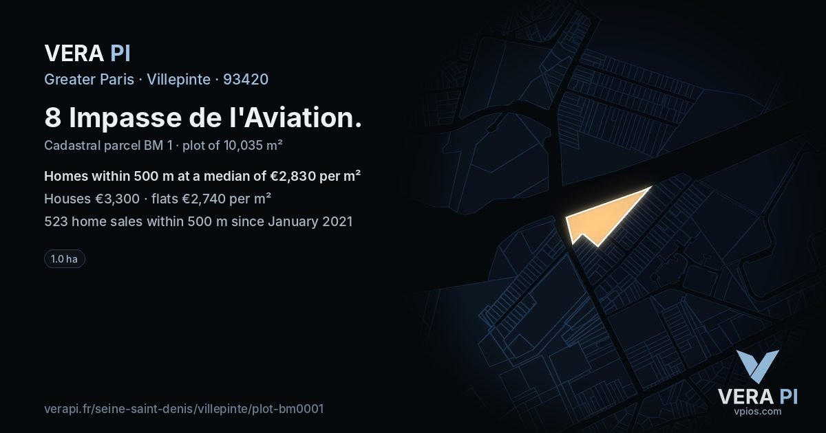 8 Impasse de l'Aviation, Villepinte at night – the plot lit, the parcels around coloured by the prices near them
