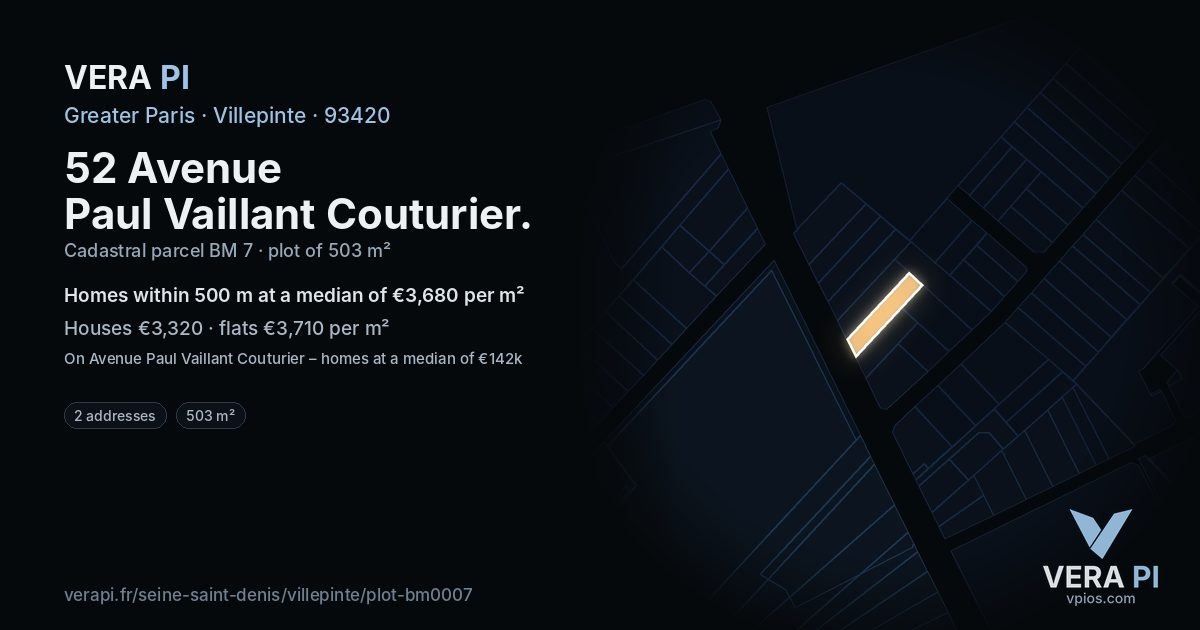 52 Avenue Paul Vaillant Couturier, Villepinte at night – the plot lit, the parcels around coloured by the prices near them