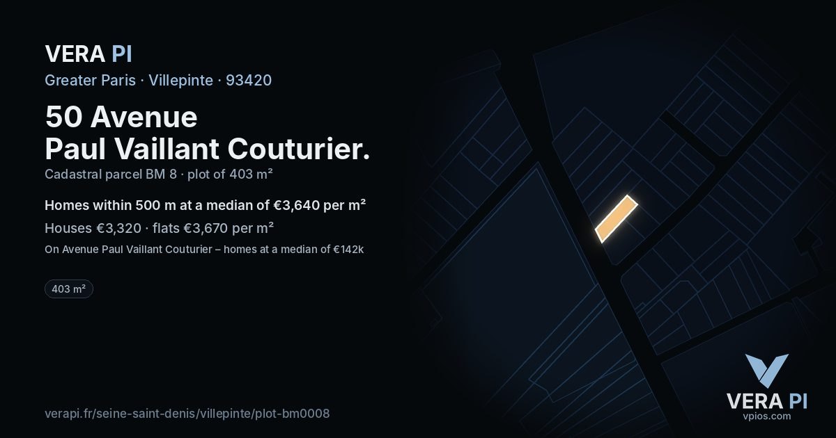 50 Avenue Paul Vaillant Couturier, Villepinte at night – the plot lit, the parcels around coloured by the prices near them