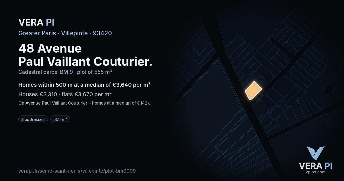 48 Avenue Paul Vaillant Couturier, Villepinte at night – the plot lit, the parcels around coloured by the prices near them