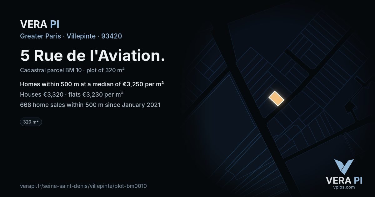 5 Rue de l'Aviation, Villepinte at night – the plot lit, the parcels around coloured by the prices near them