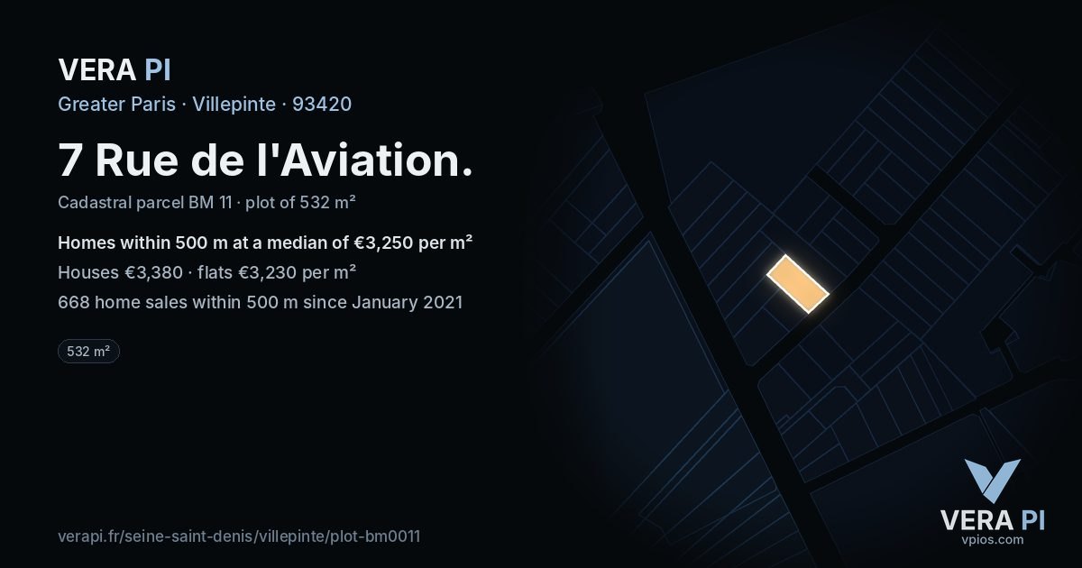 7 Rue de l'Aviation, Villepinte at night – the plot lit, the parcels around coloured by the prices near them