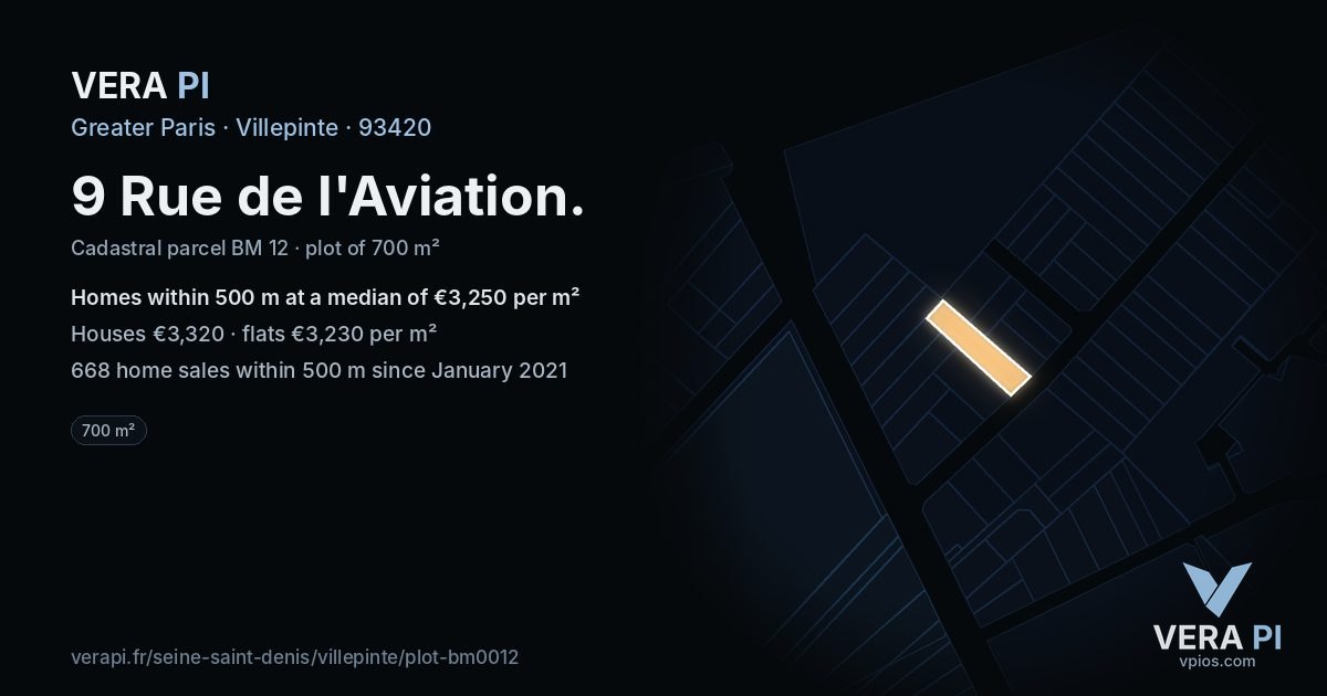 9 Rue de l'Aviation, Villepinte at night – the plot lit, the parcels around coloured by the prices near them