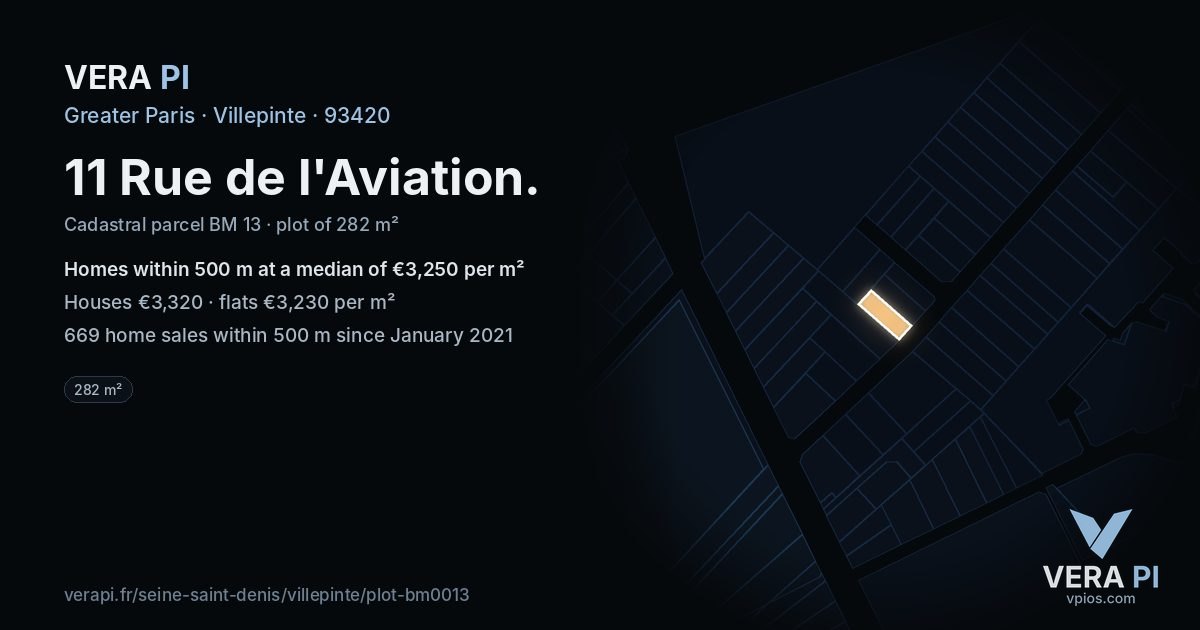 11 Rue de l'Aviation, Villepinte at night – the plot lit, the parcels around coloured by the prices near them