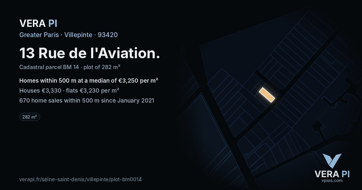 13 Rue de l'Aviation, Villepinte at night – the plot lit, the parcels around coloured by the prices near them