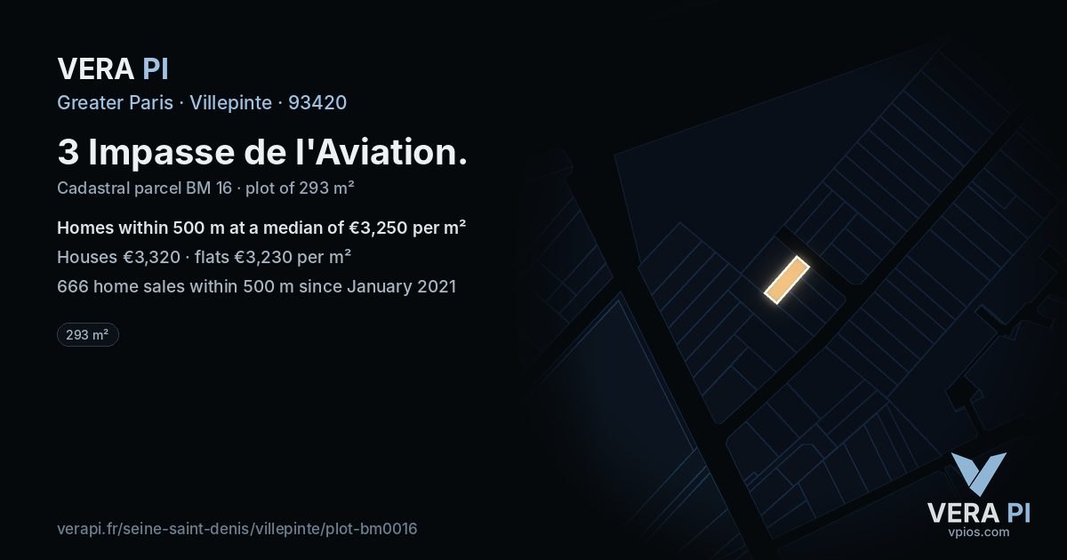 3 Impasse de l'Aviation, Villepinte at night – the plot lit, the parcels around coloured by the prices near them
