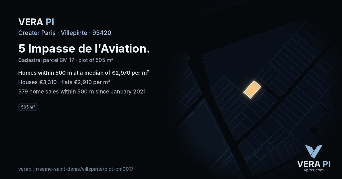 5 Impasse de l'Aviation, Villepinte at night – the plot lit, the parcels around coloured by the prices near them