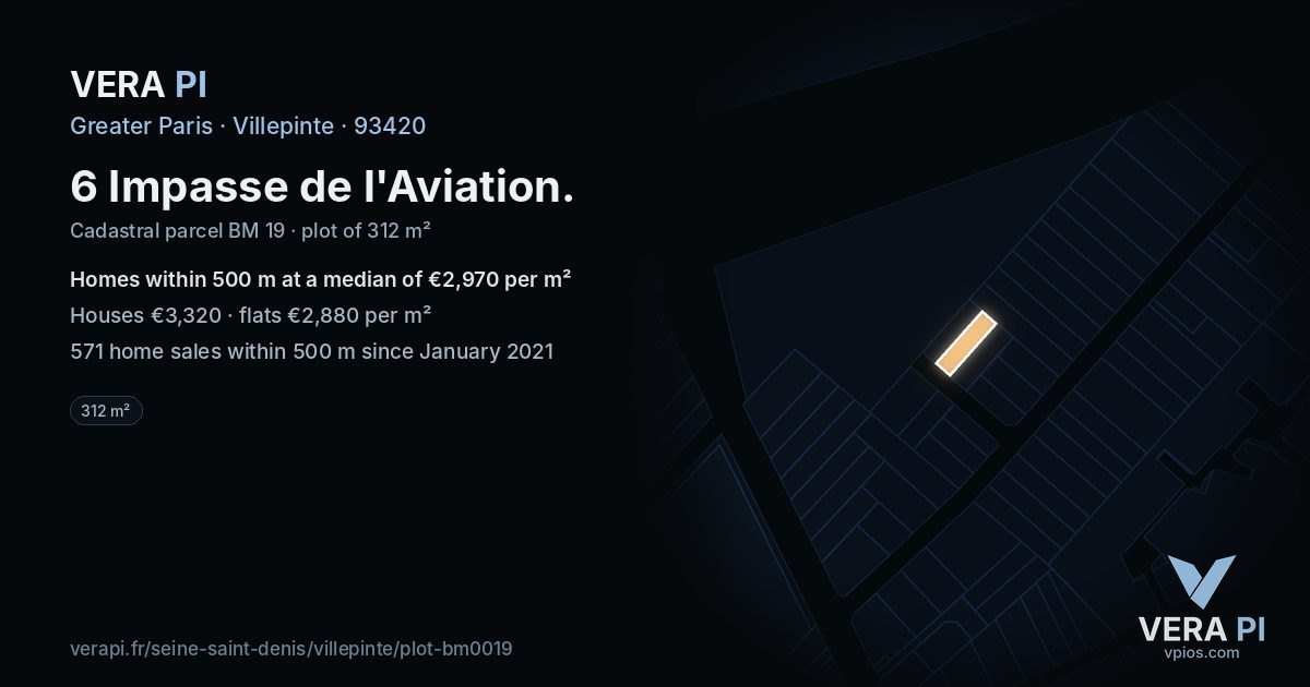 6 Impasse de l'Aviation, Villepinte at night – the plot lit, the parcels around coloured by the prices near them