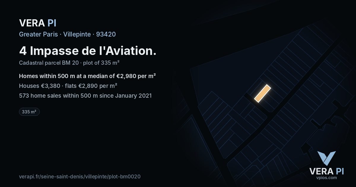 4 Impasse de l'Aviation, Villepinte at night – the plot lit, the parcels around coloured by the prices near them