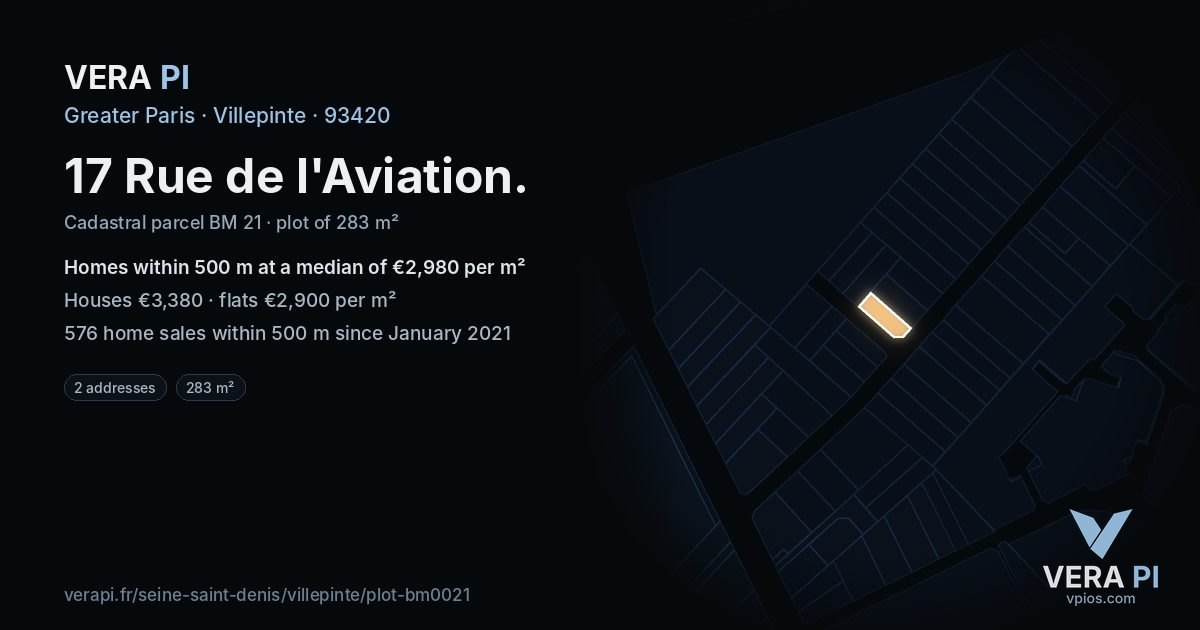 17 Rue de l'Aviation, Villepinte at night – the plot lit, the parcels around coloured by the prices near them