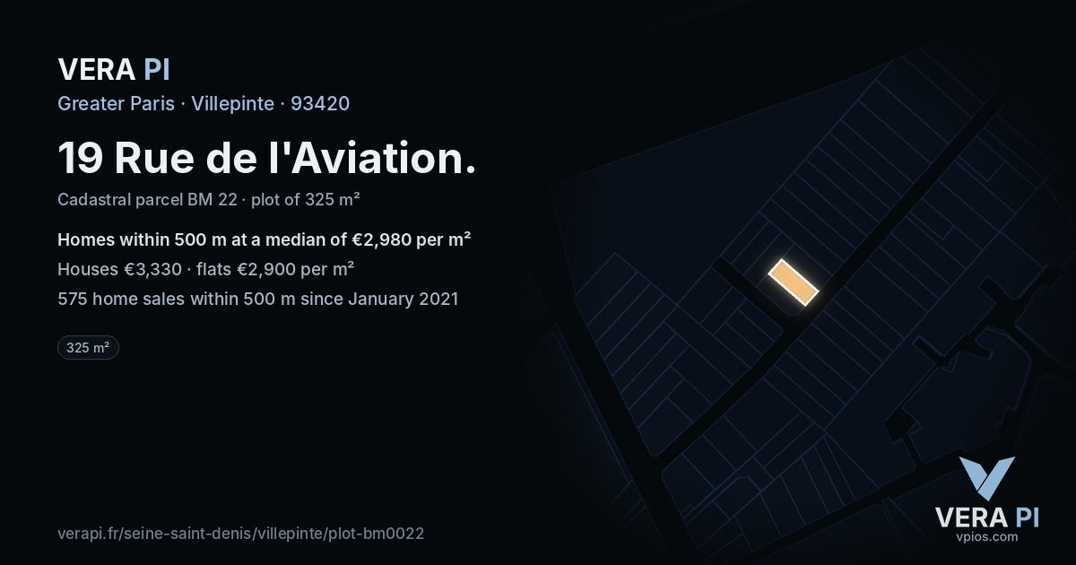 19 Rue de l'Aviation, Villepinte at night – the plot lit, the parcels around coloured by the prices near them