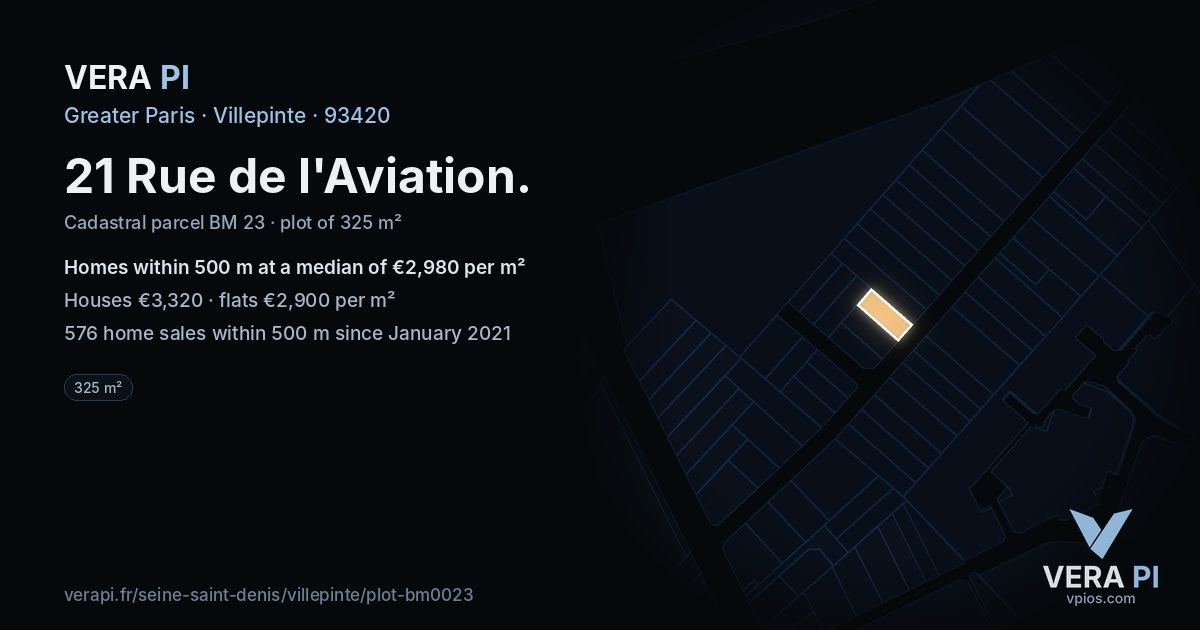 21 Rue de l'Aviation, Villepinte at night – the plot lit, the parcels around coloured by the prices near them
