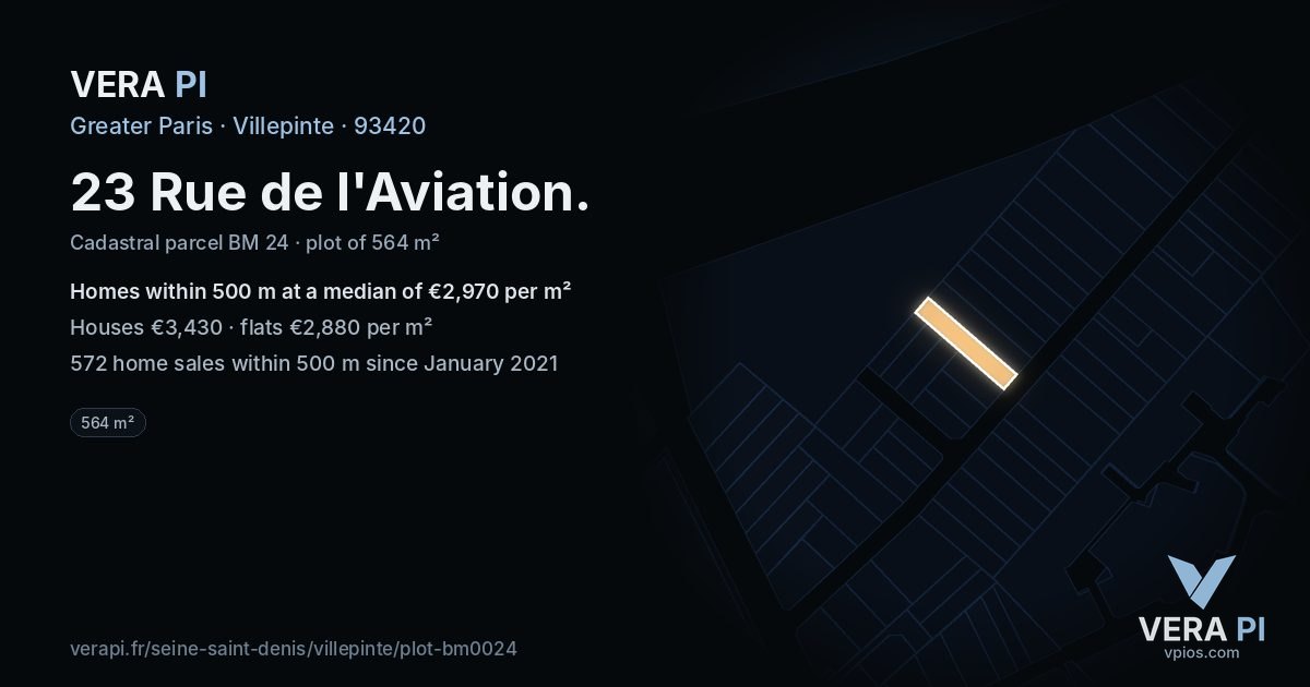 23 Rue de l'Aviation, Villepinte at night – the plot lit, the parcels around coloured by the prices near them