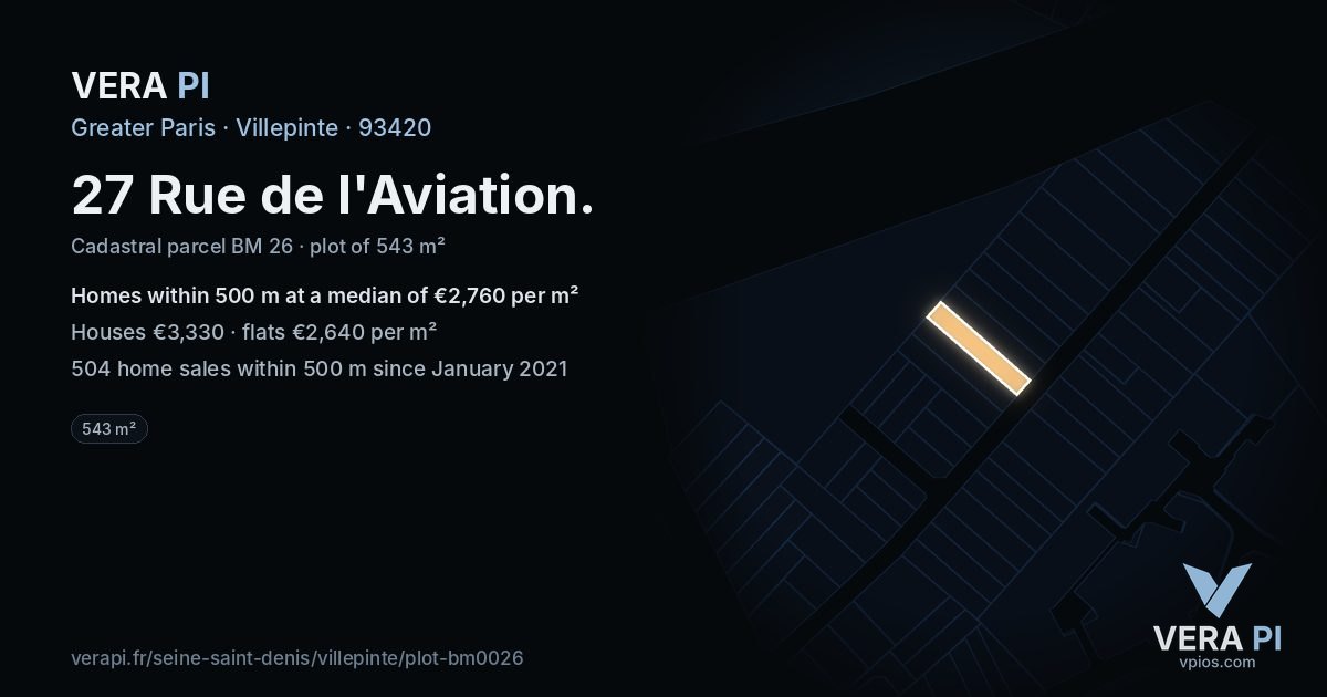 27 Rue de l'Aviation, Villepinte at night – the plot lit, the parcels around coloured by the prices near them