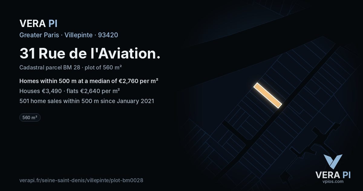 31 Rue de l'Aviation, Villepinte at night – the plot lit, the parcels around coloured by the prices near them