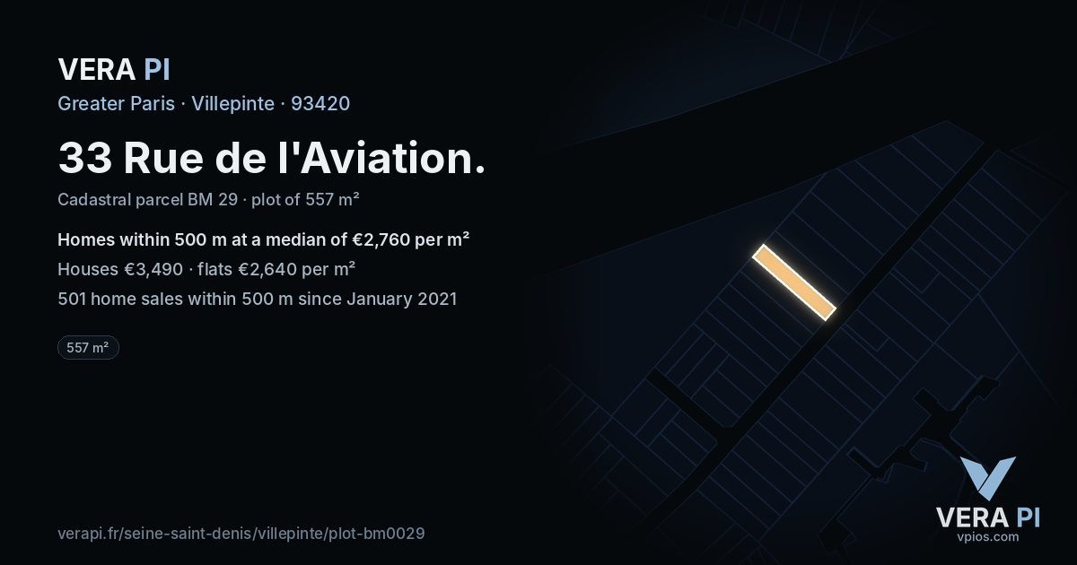 33 Rue de l'Aviation, Villepinte at night – the plot lit, the parcels around coloured by the prices near them