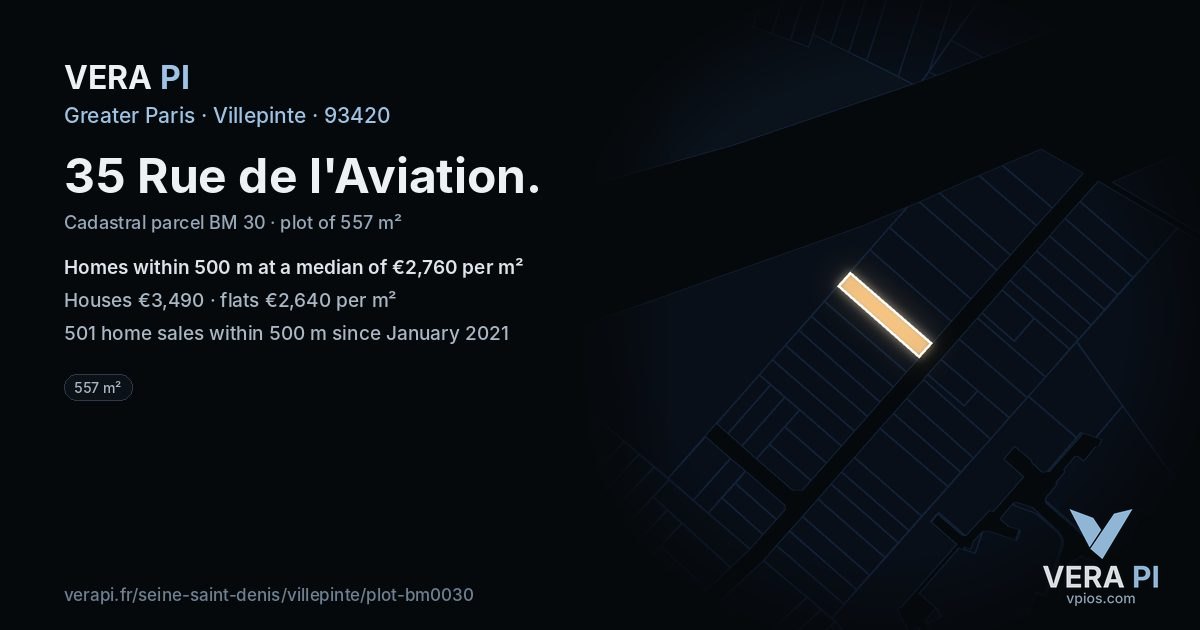 35 Rue de l'Aviation, Villepinte at night – the plot lit, the parcels around coloured by the prices near them