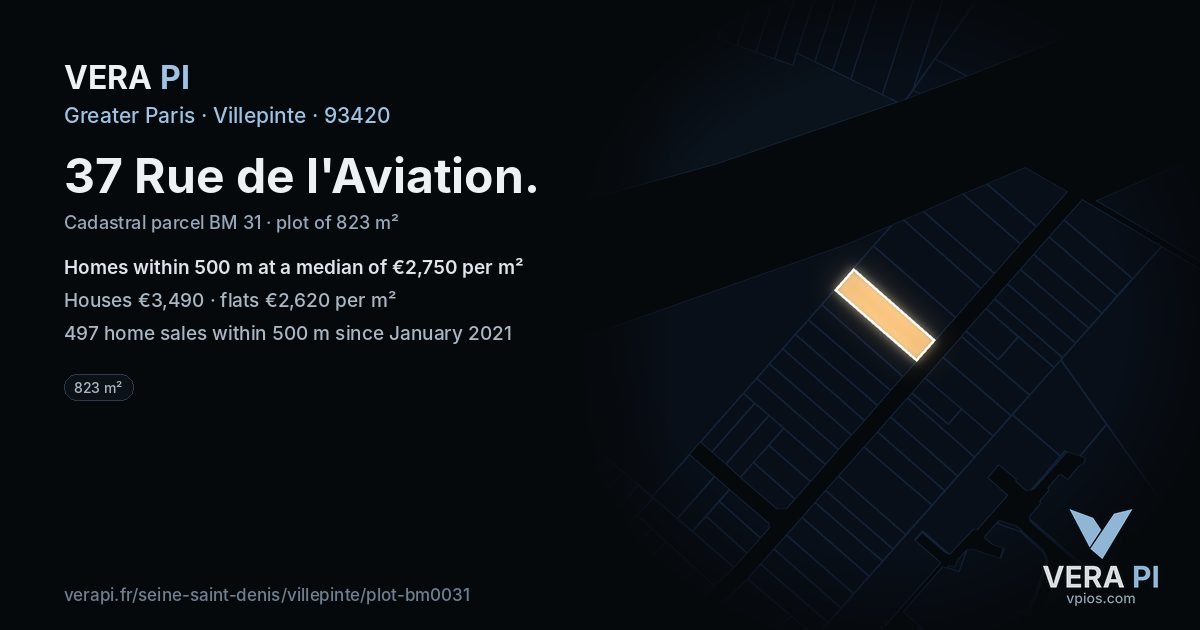 37 Rue de l'Aviation, Villepinte at night – the plot lit, the parcels around coloured by the prices near them