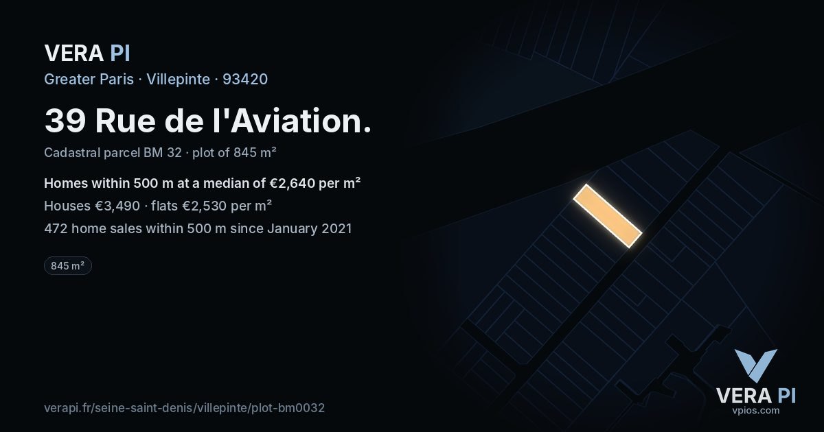 39 Rue de l'Aviation, Villepinte at night – the plot lit, the parcels around coloured by the prices near them