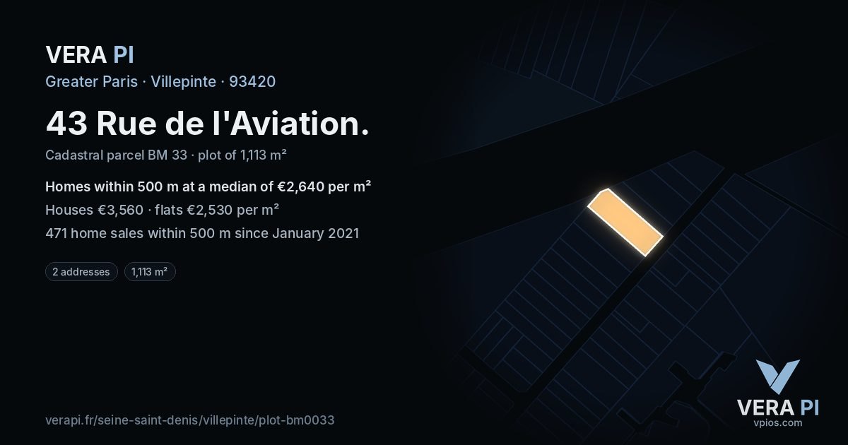 43 Rue de l'Aviation, Villepinte at night – the plot lit, the parcels around coloured by the prices near them
