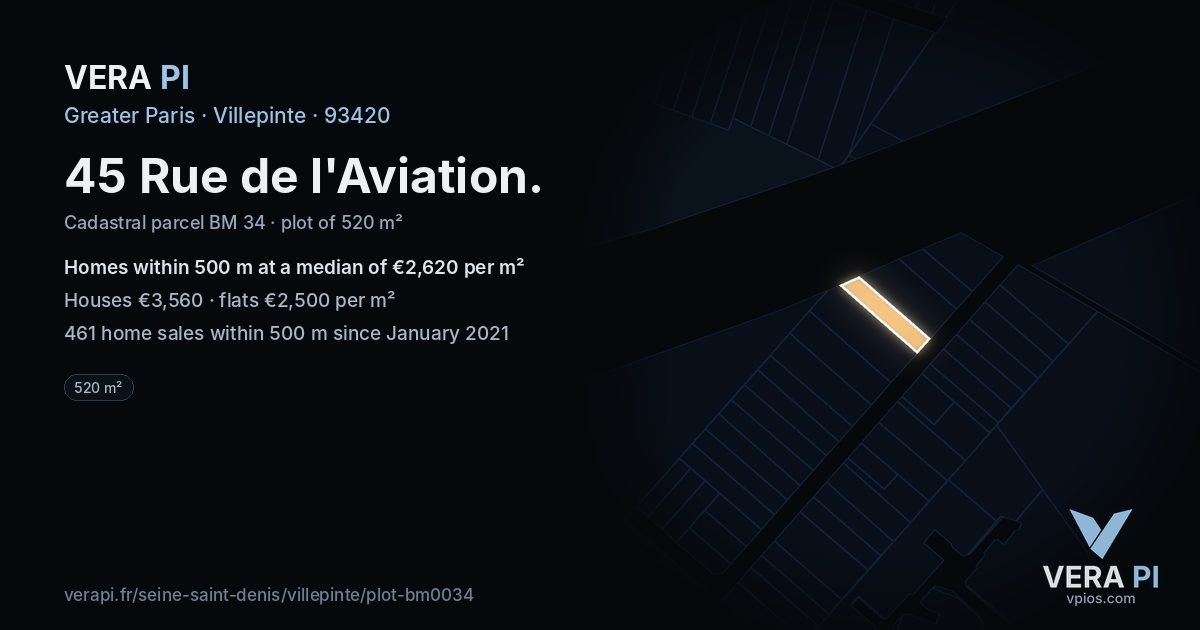 45 Rue de l'Aviation, Villepinte at night – the plot lit, the parcels around coloured by the prices near them