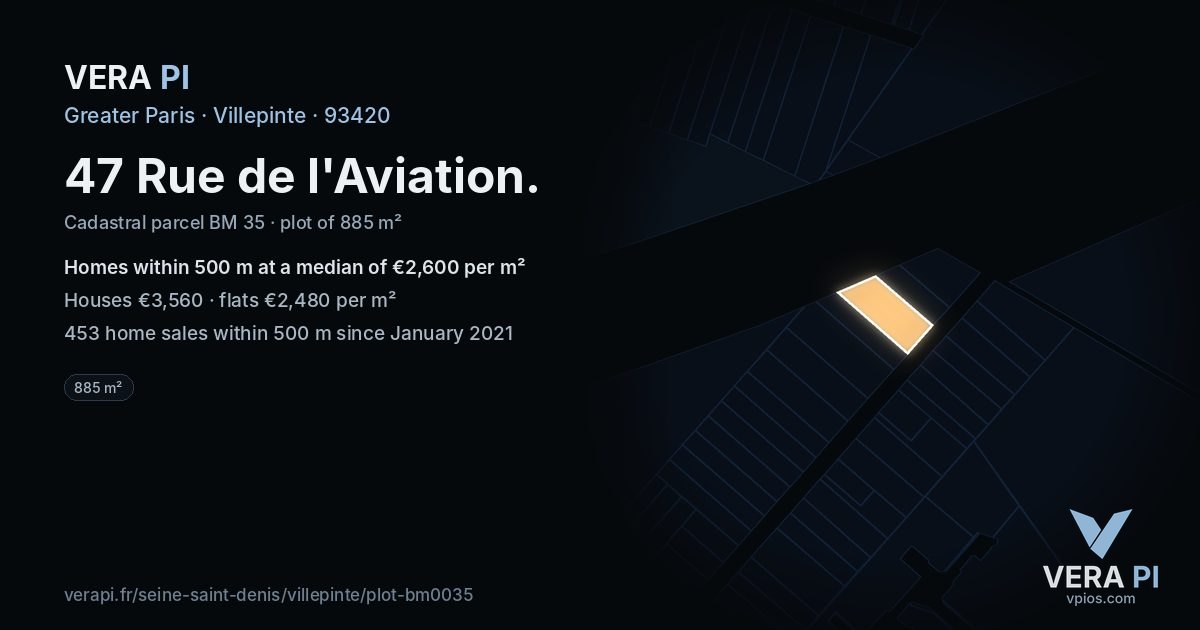 47 Rue de l'Aviation, Villepinte at night – the plot lit, the parcels around coloured by the prices near them