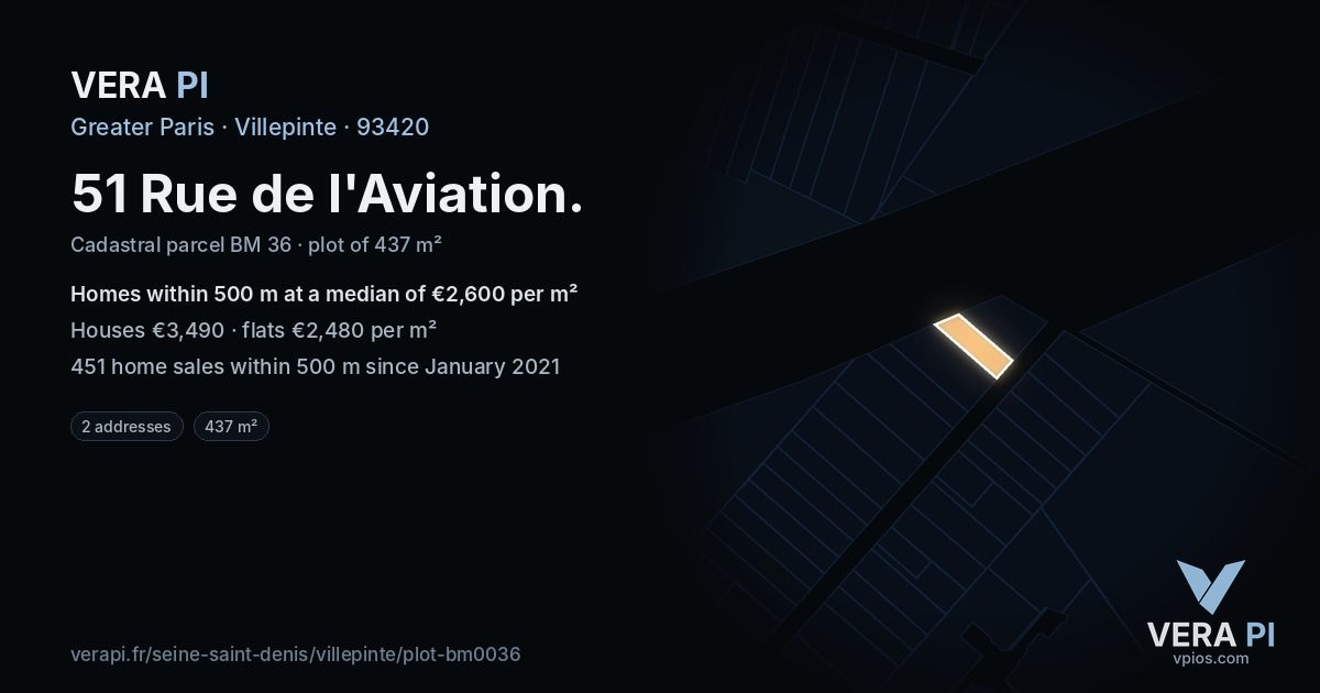 51 Rue de l'Aviation, Villepinte at night – the plot lit, the parcels around coloured by the prices near them