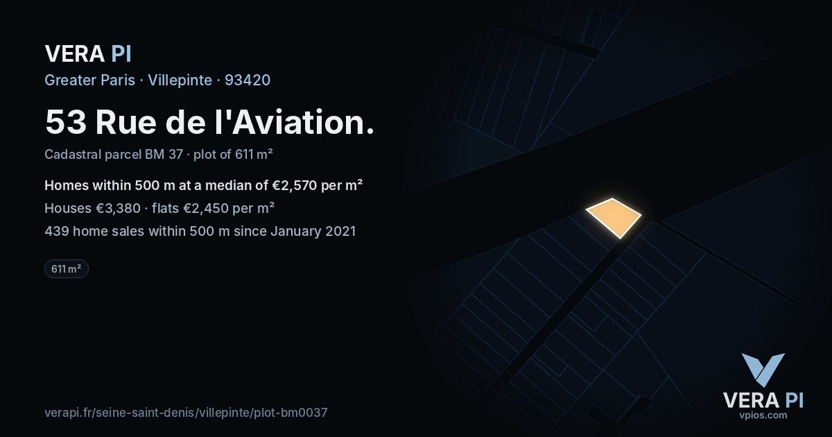 53 Rue de l'Aviation, Villepinte at night – the plot lit, the parcels around coloured by the prices near them