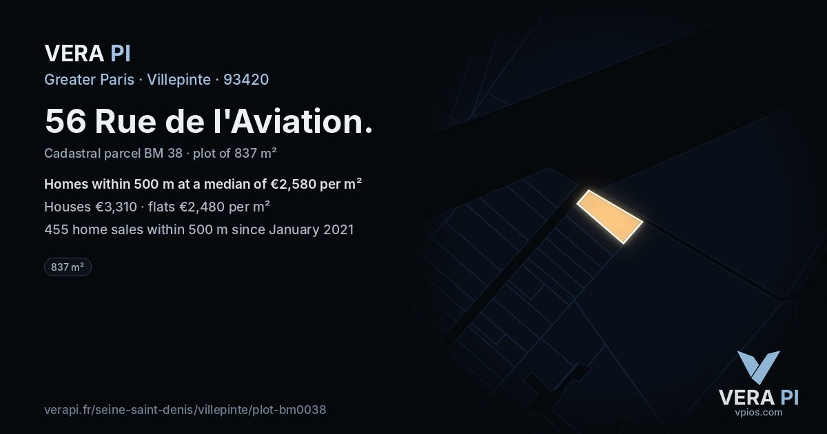56 Rue de l'Aviation, Villepinte at night – the plot lit, the parcels around coloured by the prices near them