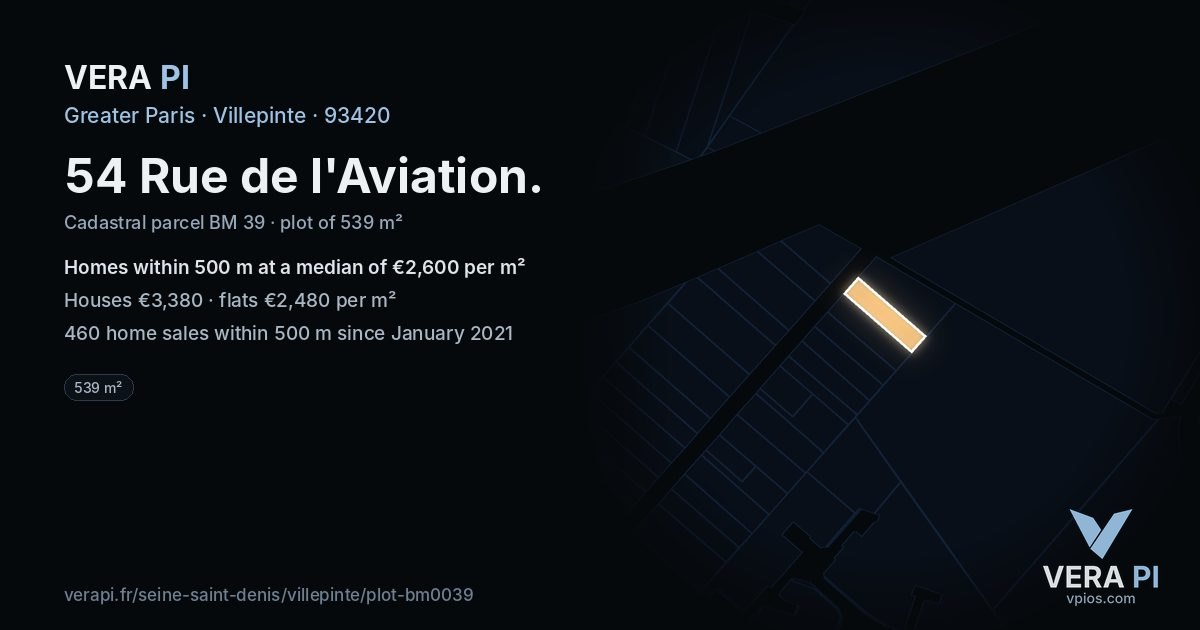 54 Rue de l'Aviation, Villepinte at night – the plot lit, the parcels around coloured by the prices near them
