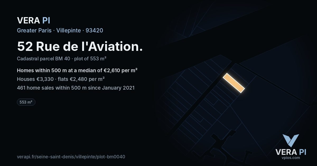 52 Rue de l'Aviation, Villepinte at night – the plot lit, the parcels around coloured by the prices near them