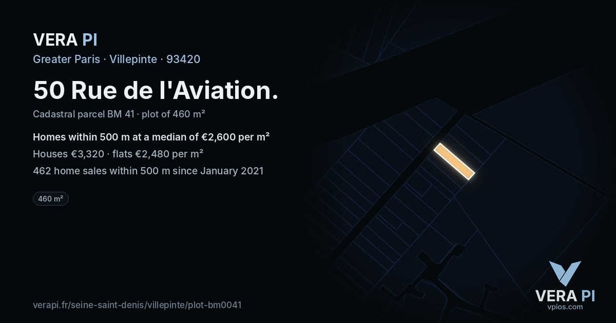50 Rue de l'Aviation, Villepinte at night – the plot lit, the parcels around coloured by the prices near them