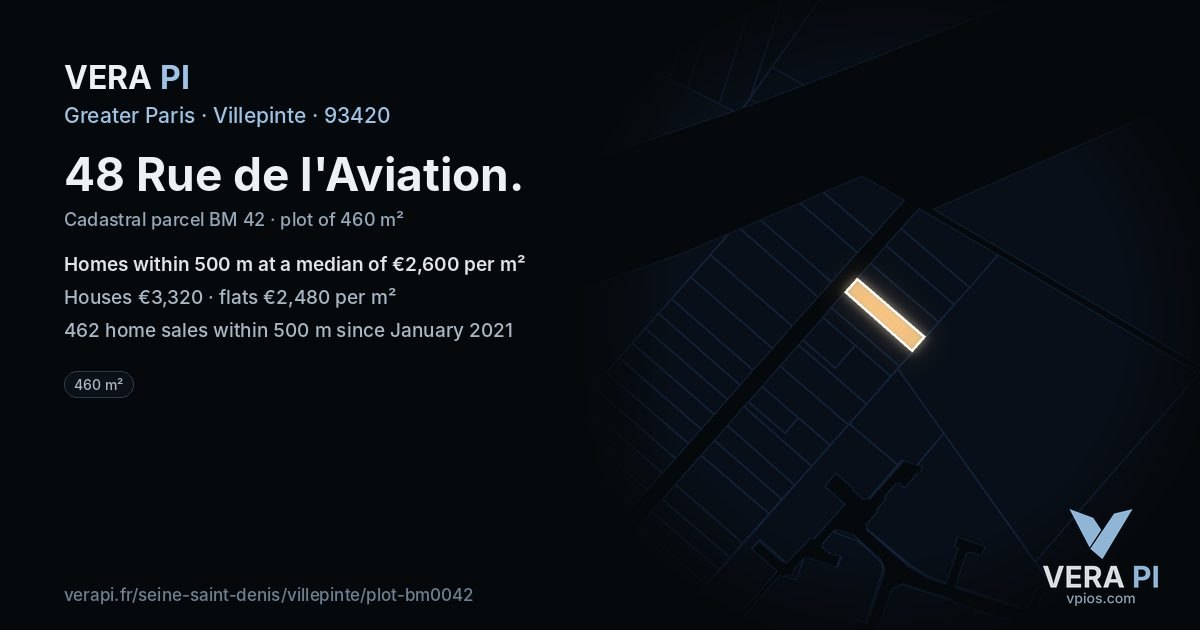 48 Rue de l'Aviation, Villepinte at night – the plot lit, the parcels around coloured by the prices near them