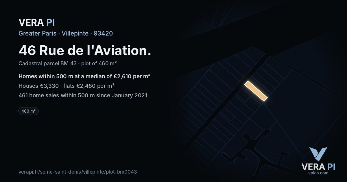 46 Rue de l'Aviation, Villepinte at night – the plot lit, the parcels around coloured by the prices near them