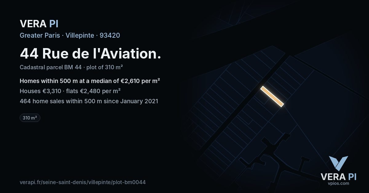 44 Rue de l'Aviation, Villepinte at night – the plot lit, the parcels around coloured by the prices near them