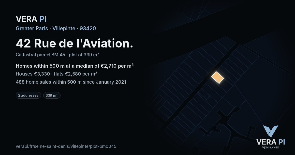 42 Rue de l'Aviation, Villepinte at night – the plot lit, the parcels around coloured by the prices near them