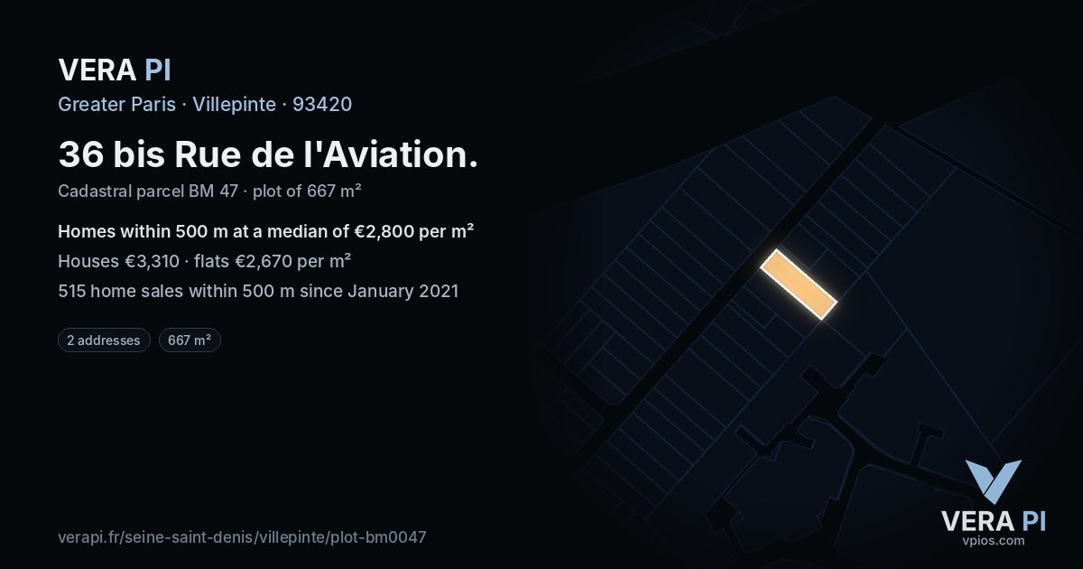 36 bis Rue de l'Aviation, Villepinte at night – the plot lit, the parcels around coloured by the prices near them