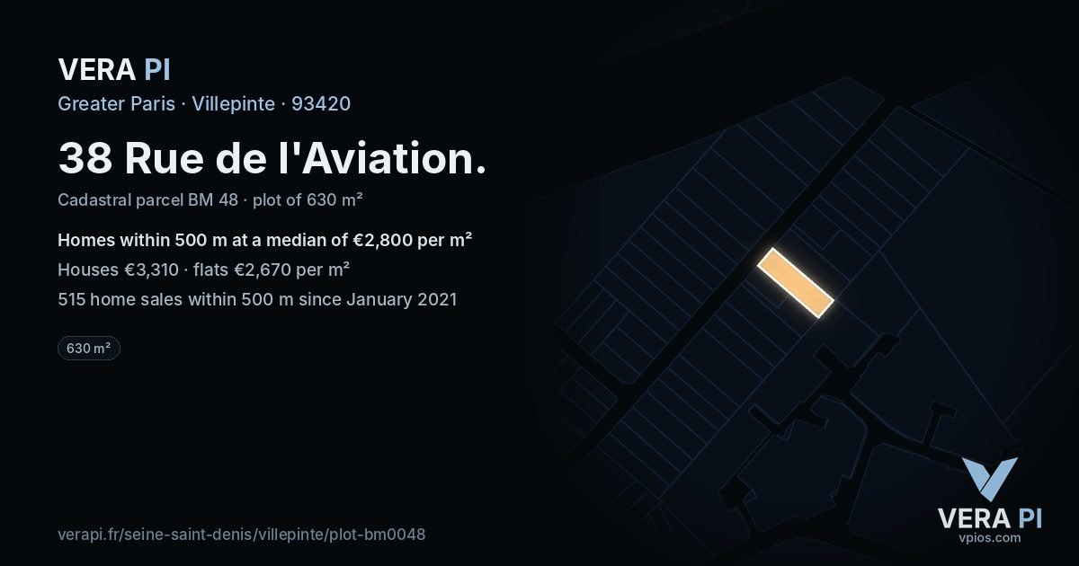 38 Rue de l'Aviation, Villepinte at night – the plot lit, the parcels around coloured by the prices near them