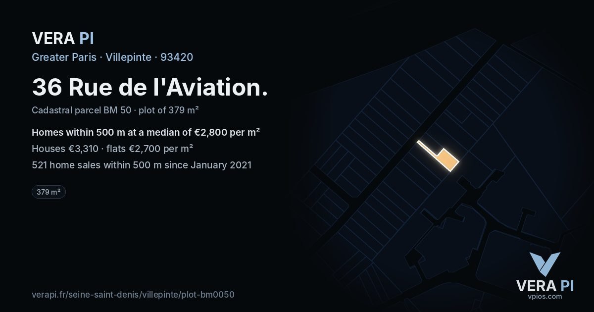 36 Rue de l'Aviation, Villepinte at night – the plot lit, the parcels around coloured by the prices near them